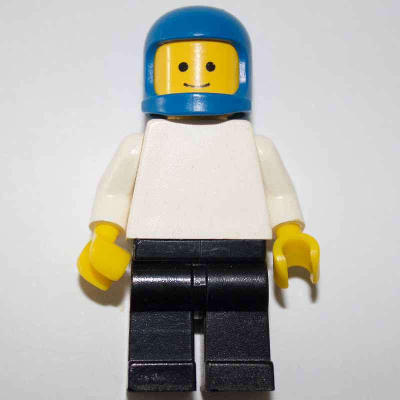 Lego Man, Plain White Torso, Black Legs, Blue Helmet