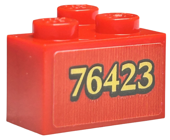 Lego Brick 2 x 2 Corner with Gold '76423' with Black Outline Pattern Model Right Side (Sticker) - Set 76423 / Red