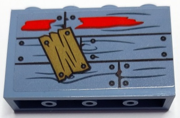 Lego Panel 1 x 4 x 2 with Side Supports - Hollow Studs with Wooden Boards, Wood Grain, Nails, Red Paint and Dark Tan Patch Pattern (Sticker) - Set 70422 / Sand Blue
