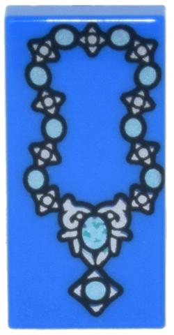 Lego Tile 1 x 2 with Silver and Metallic Light Blue Ornate Gem Necklace Pattern / Blue