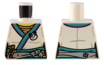 Lego Torso Female Robe with Dark Turquoise Trim, Light Bluish Gray Sash with Knot, Panda Pin, and Drawstring Pouch Pattern / White