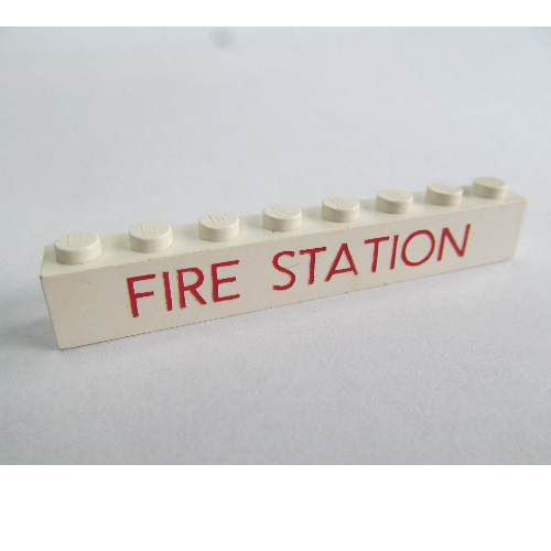 Lego Brick 1 x 8 with 'FIRE STATION' Thin Red Print / White