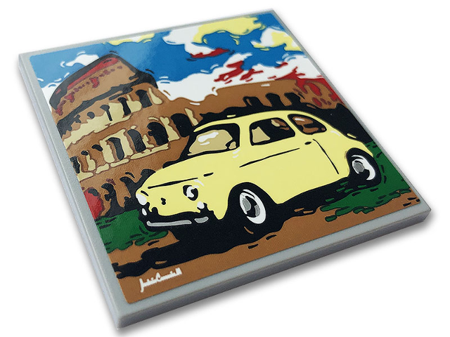 Lego Tile 6 x 6 with Bottom Tubes, Textured Surface with Yellow Fiat 500, Colosseum and White Signature Pattern (Sticker) - Set 10271 / Light Bluish Gray