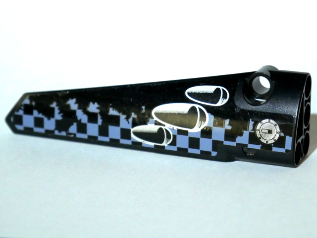 Lego Technic, Panel Fairing # 6 Long Smooth, Side B with Vent Holes, Filler Cap and Worn Sand Blue and Black Checkered Pattern (Sticker) - Set 42002