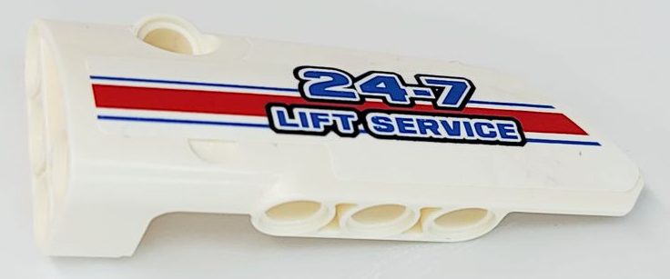 Lego Technic, Panel Fairing # 3 Small Smooth Long, Side A with Blue, Red and White Stripes and '24-7 LIFT SERVICE' Pattern (Sticker) - Set 8071