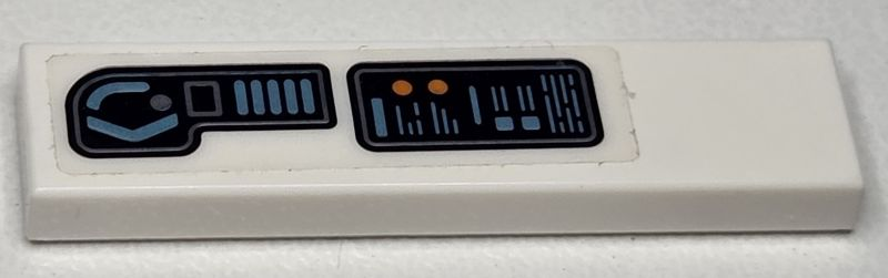 Lego Tile 1 x 4 with Black Control Panel and Screen with Dark Bluish Gray, Metallic Light Blue and Orange Buttons and Light Pattern Model Right Side (Sticker) - Set 76232