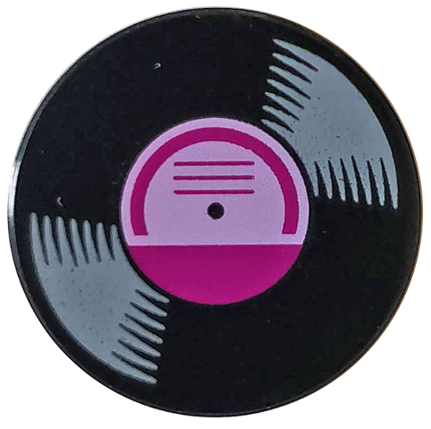 Lego Tile, Round 2 x 2 with Bottom Stud Holder with Vinyl Record with Magenta Label Pattern / Black