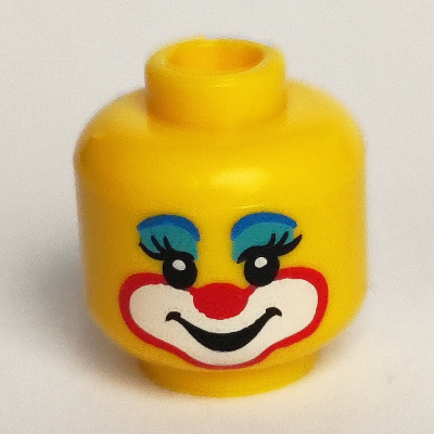 Lego Minifig Head Clown, Blue Eye Shadow, Red Nose, White Mouth with Red Outline, Smile / Left Eye Closed Print / Yellow