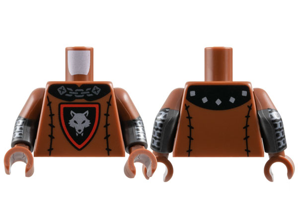 Lego Torso Black Collar, Shield with Red Border, and Stitching, Silver Chain and Wolf Head Pattern / Pearl Dark Gray Arms with Molded Reddish Brown Short Sleeves and Printed Black and Silver Chain Mail Pattern / Reddish Brown Hands