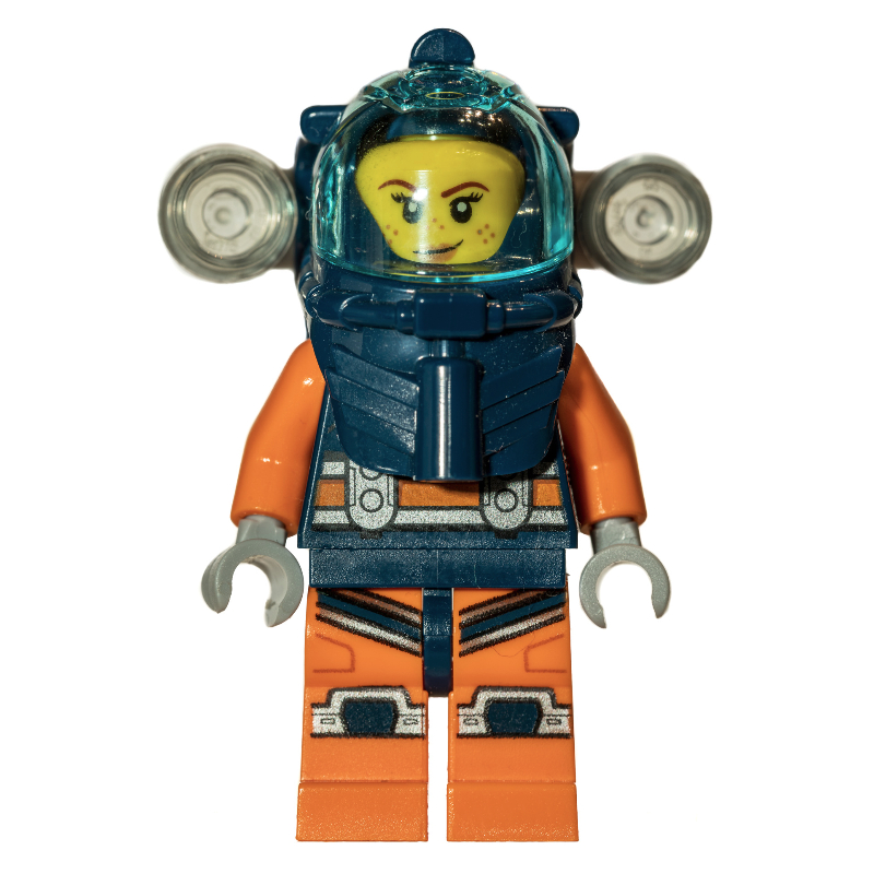 Lego Diver, Woman, Dark Blue and Orange Wetsuit, Dark Blue Diving Helmet with Flashlights and Visor