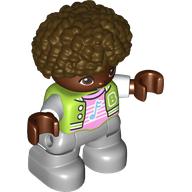 Lego Duplo Figure Child, Afro Dark Brown, Light Bluish Gray Legs, Bright Pink Shirt with Music Note Print / Lime