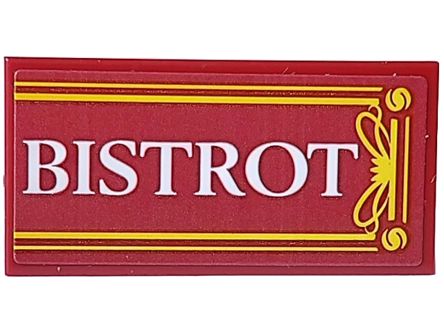 Lego Tile 2 x 4 with Yellow Frame and White 'BISTROT' Pattern (Sticker) - Set 910032 / Dark Red