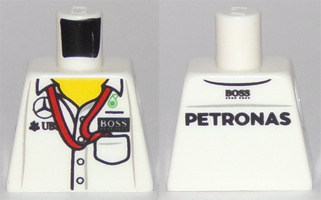 Lego Torso Speed Champions with Boss, Mercedes-Benz, Petronas and UBS Logos and Red Ribbon and Pocket, Front and Back Pattern / White