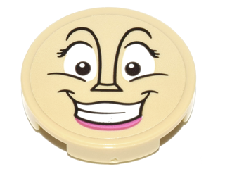 Lego Tile, Round 2 x 2 with Bottom Stud Holder with Wardrobe Female Face Pattern (Sticker) - Set 41067 / Tan