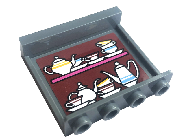 Lego Panel 1 x 4 x 3 with Side Supports - Hollow Studs with White Teapots and Teacups on Shelves on Dark Red Background Pattern (Sticker) - Set 76396