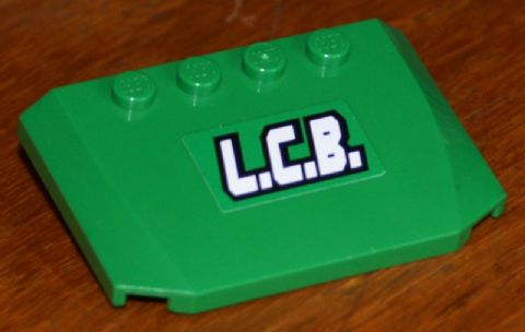 Lego Wedge 4 x 6 x 2/3 Triple Curved with White 'L.C.B.' Pattern (Sticker) - Set 7998 / Green
