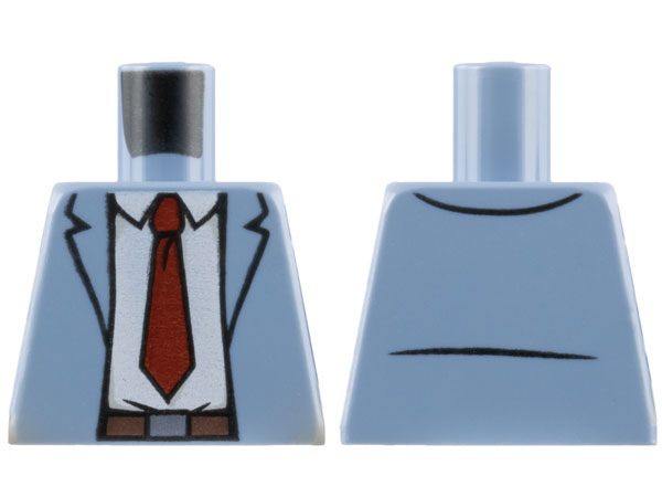 Lego Torso Suit Jacket Open over White Shirt, Dark Red Tie, Dark Brown Belt with Silver Buckle Pattern / Sand Blue
