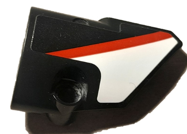 Lego Technic, Panel Fairing # 2 Small Smooth Short, Side B with Red Stripe on White Background Pattern (Sticker) - Set 42137 / Black