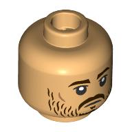 Lego Minifig Head Cassian Andor, Dark Brown Eyebrows, Moustache, Scruffy Beard, Neutral/Lopsided Smirk