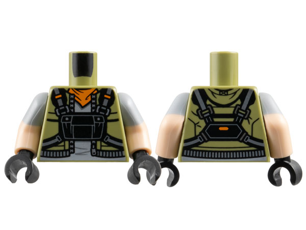 Lego Torso Vest with Silver Zipper, Orange Scarf, Light Bluish Gray Shirt and Black Pouch with Straps Pattern / Light Nougat Arms with Molded Light Bluish Gray Short Sleeves Pattern / Black Hands