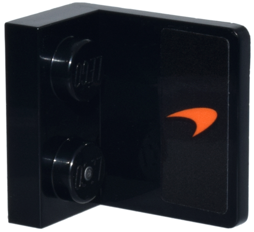Lego Bracket 1 x 2 - 2 x 2 Inverted with Orange McLaren Logo Pattern Model Right Side (Sticker) - Set 77251 / Black