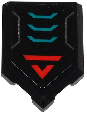 Lego Tile, Modified 2 x 3 Pentagonal with Red 'V' and Stripe and Silver and Dark Turquoise Angled Lines Pattern (Sticker) - Set 71713 / Black