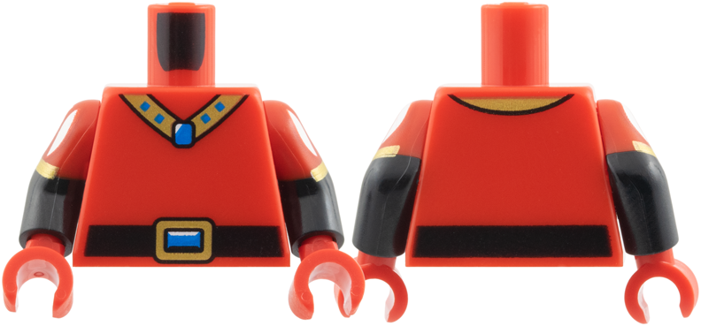 Lego Torso Black Belt, Gold Necklace and Buckle with Blue Gem Pattern / Black Arms with Molded Red Short Sleeves and Printed White and Gold Stripes Pattern / Red Hands