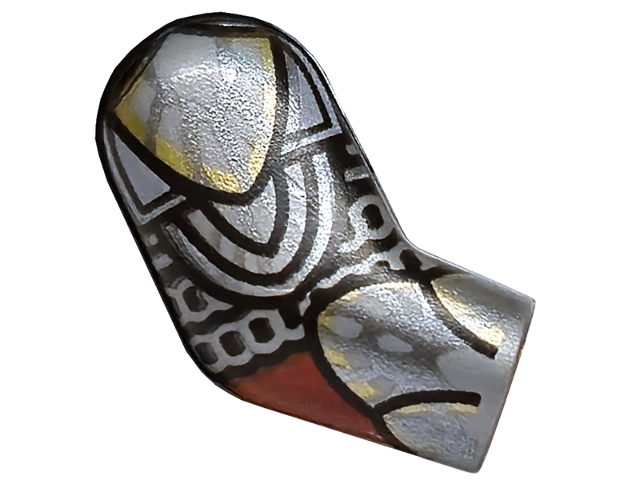 Lego Arm, Right with Chain Mail, Armor Plates with Black Outlines, Dark Red, Gold and Dark Silver Highlights Pattern / Flat Silver