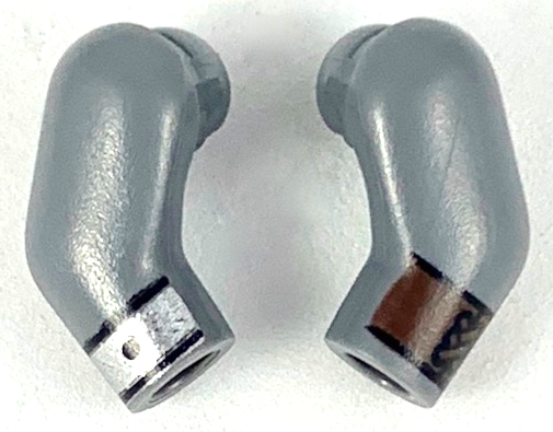 Lego Arm, (Matching Left and Right) Pair with Dark Brown Cuff on Left and Silver Cuff on Right Pattern / Dark Bluish Gray