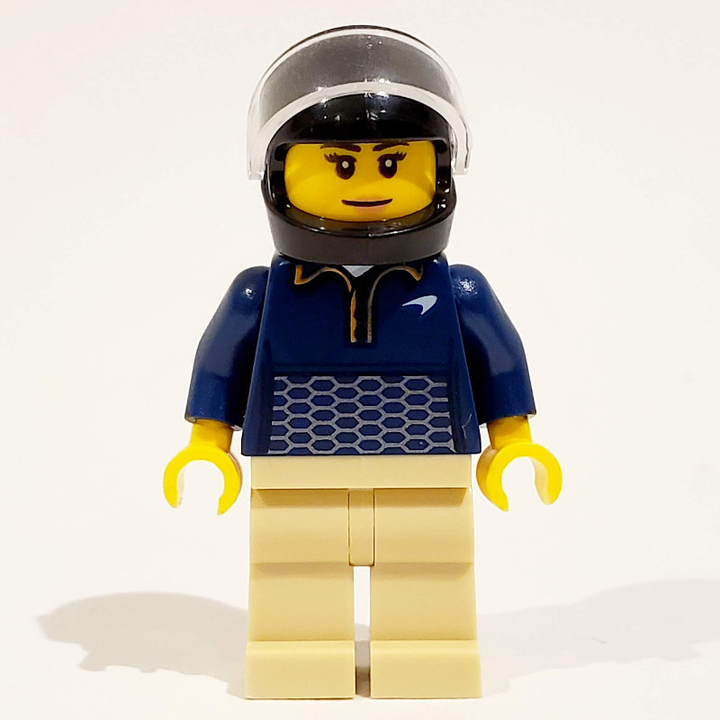 Lego Racer Driver - Dark Blue Torso, Tan Legs, Black Helmet