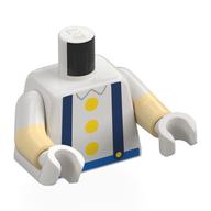 Lego Torso, Dual Molded Arms, Dark Blue Suspenders, Yellow Buttons, Blue Belt Print, White Sleeves Pattern, Tan Arms, White Hands / White