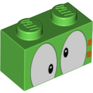 Lego Brick 1 x 2 with Crossed Eyes and Orange Marking Print / Bright Green