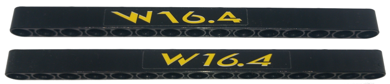 Lego Technic, Liftarm Thick 1 x 15 with Yellow 'W16.4' Pattern on Both Sides (Stickers) - Set 42151 / Black