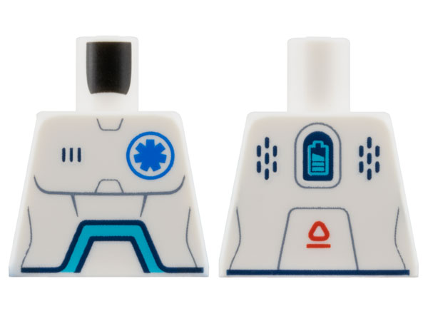 Lego Torso Robot with Sand Blue Panel Lines, Blue EMT Star of Life, Dark Azure Angled Arc, Battery Level and Red Symbol on Back Pattern / White