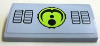 Lego Slope, Curved 2 x 4 x 2/3 with Bottom Tubes with Vents and Black Dots and Arc on Lime Circle Alien Conquest Logo Pattern (Sticker) - Set 7065