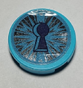 Lego Tile, Round 2 x 2 with Bottom Stud Holder with Dark Blue Keyhole and Metallic Light Blue Ice Crystal Pattern (Sticker) - Set 41168 / Medium Azure
