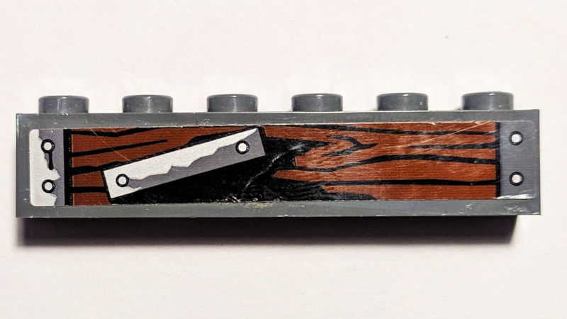 Lego Brick 1 x 6 with Wood Grain, Metal Plates and Silver Nails Pattern Model Left Side (Sticker) - Set 70605