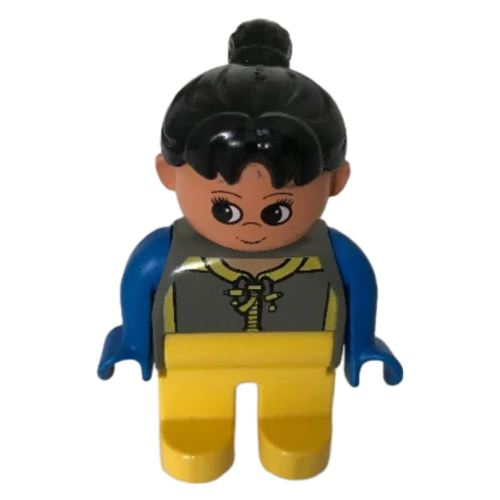Lego Duplo Figure, Early, Ponytail Black, Yellow Legs, Shirt Print