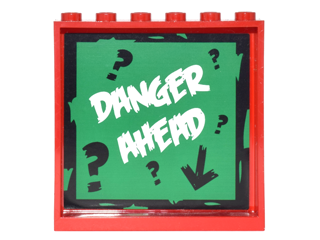 Lego Panel 1 x 6 x 5 with Black Arrow and Question Marks on Green Background and White 'DANGER AHEAD' Pattern (Sticker) - Set 6857