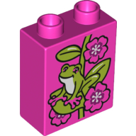 Lego Duplo Brick 1 x 2 x 2 with Frog and Flowers Print / Dark Pink