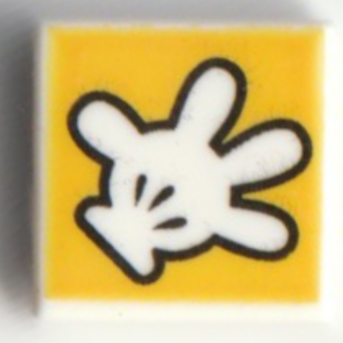 Lego Tile 1 x 1 with Mickey Mouse Glove/Hand, Fingers Spread Out on Yellow Background Print / White