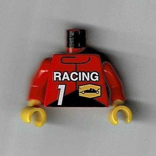 Lego Torso Racing Jacket with Race Logo, '1' and 'Racing' Print, Red Arms, Yellow Hands