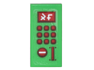 Lego Tile 1 x 2 with Pay Phone Panel with Dark Red Buttons, Ninjago Logogram '45' and Coin Slot Pattern (Sticker) - Set 70620 / Bright Green