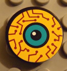 Lego Tile, Round 2 x 2 with Yellow, Purple Circuits, Dark Turquoise Eye Pattern (Sticker) - Set 8245 / Black