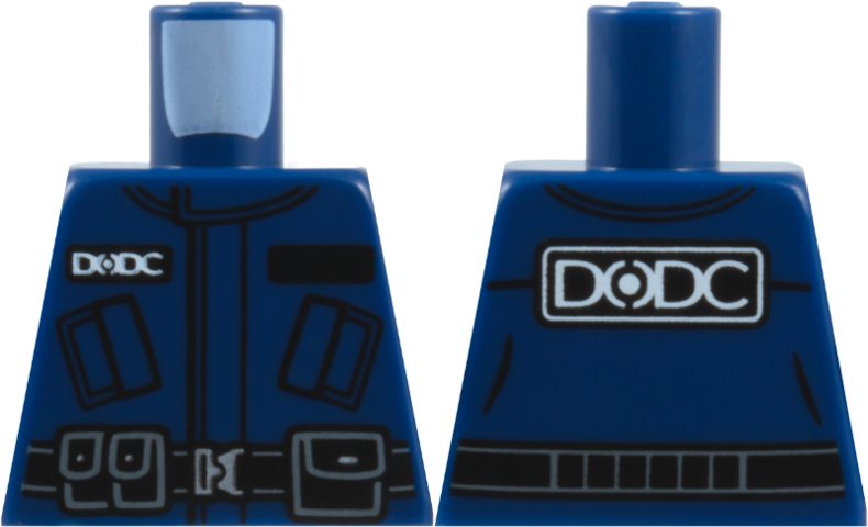 Lego Torso Jacket with Pockets, Panel, Collar, and Creases, White 'DODC', Black Belt with Silver Buckle, Pouches with Dark Bluish Gray Outlines Pattern