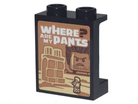 Lego Panel 1 x 2 x 2 with Side Supports - Hollow Studs with 'WHERE ARE MY PANTS?' and Huge Minifigure Legs Pattern (Sticker) - Set 70840