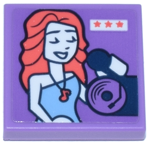 Lego Tile 2 x 2 with Woman Singing with Coral Hair, Medium Blue Top, Dark Blue Record and Microphone, White Sign with Stars Pattern (Sticker) - Set 42647