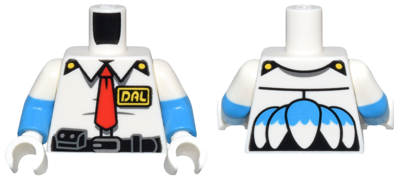 Lego Torso Uniform Shirt, Red Tie, Black and Dark Bluish Gray Belt with Pouch, Silver Buckle, Yellow 'DAL' ID Badge, and Tail Feathers with Dark Azure Top on Back Pattern / Dark Azure Arms with Molded White Short Sleeves Pattern / White Hands