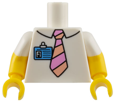 Lego Torso Simpsons Shirt with Collar, Bright Pink and Light Nougat Striped Tie, Medium Blue ID Badge Pattern / Yellow Arms with Molded White Short Sleeves Pattern / Yellow Hands