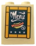 Lego Brick 1 x 2 x 2 with Inside Stud Holder with White 'Menu', Stars, Hot Dog and Number 3 on Dark Blue Background in Bamboo Frame Pattern (Sticker) - Set 41413